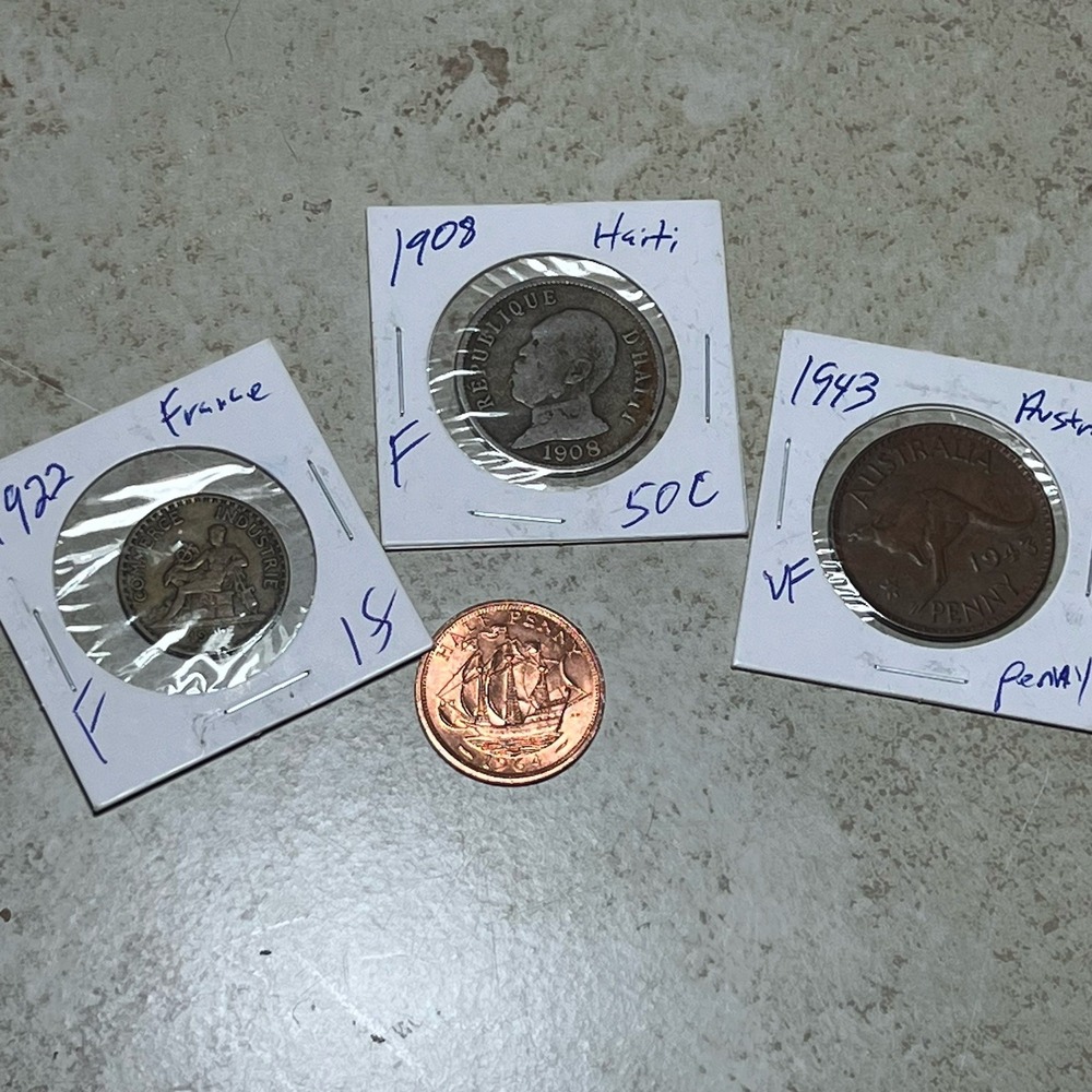 Vintage World Coin Lot: 1908 Haiti, 1922 France, 1943 Australia + More